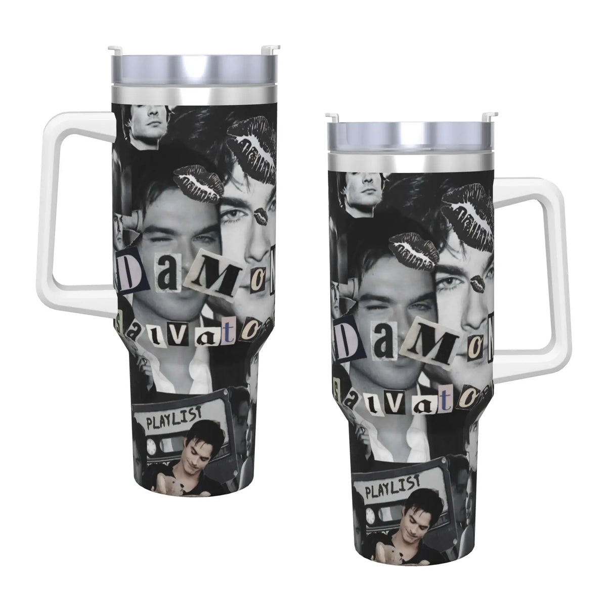 A stainless steel tumbler featuring a collage of photos and the text Damo Elevator