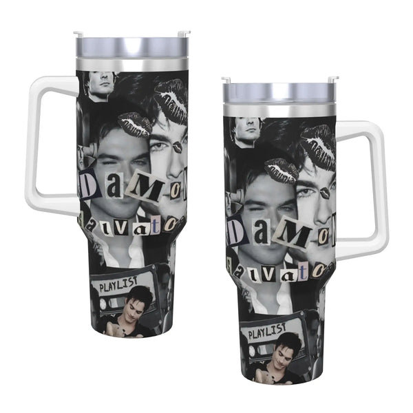 A stainless steel tumbler featuring a collage of photos and the text Damo Elevator