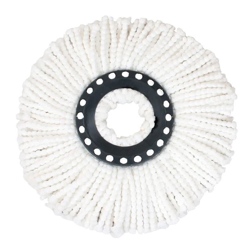 White replacement mop head with black ring and bristles for rotating spin mops