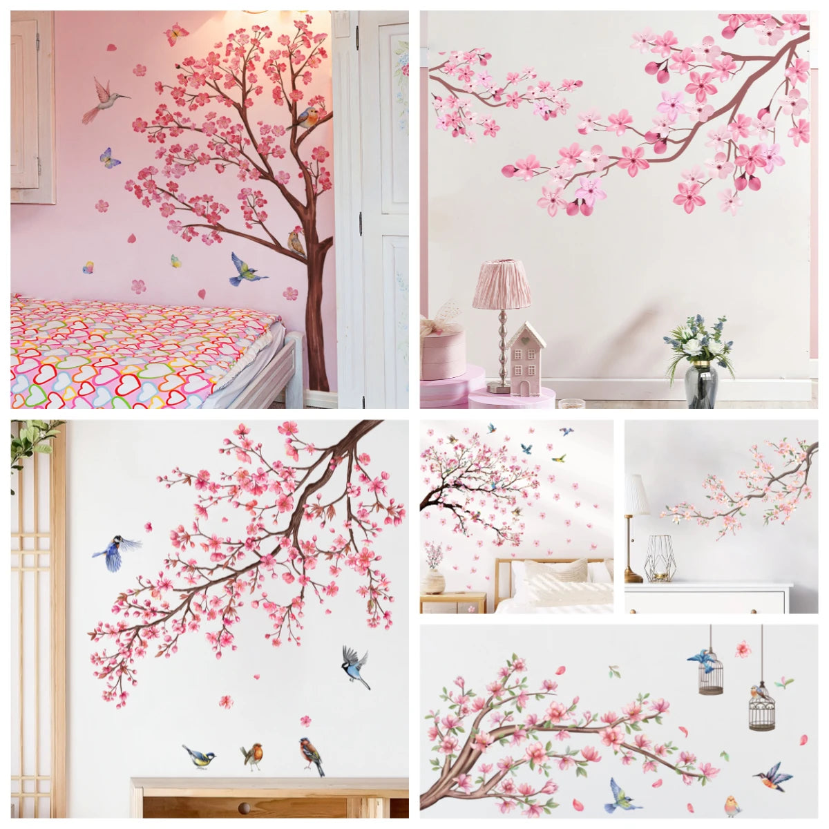 Decorative peach tree branches for wall featuring pink blossoms and colorful birds