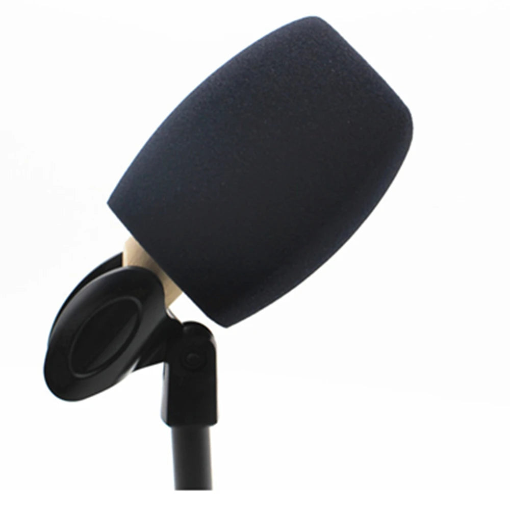 Black foam windscreen for a handheld or interview microphone.