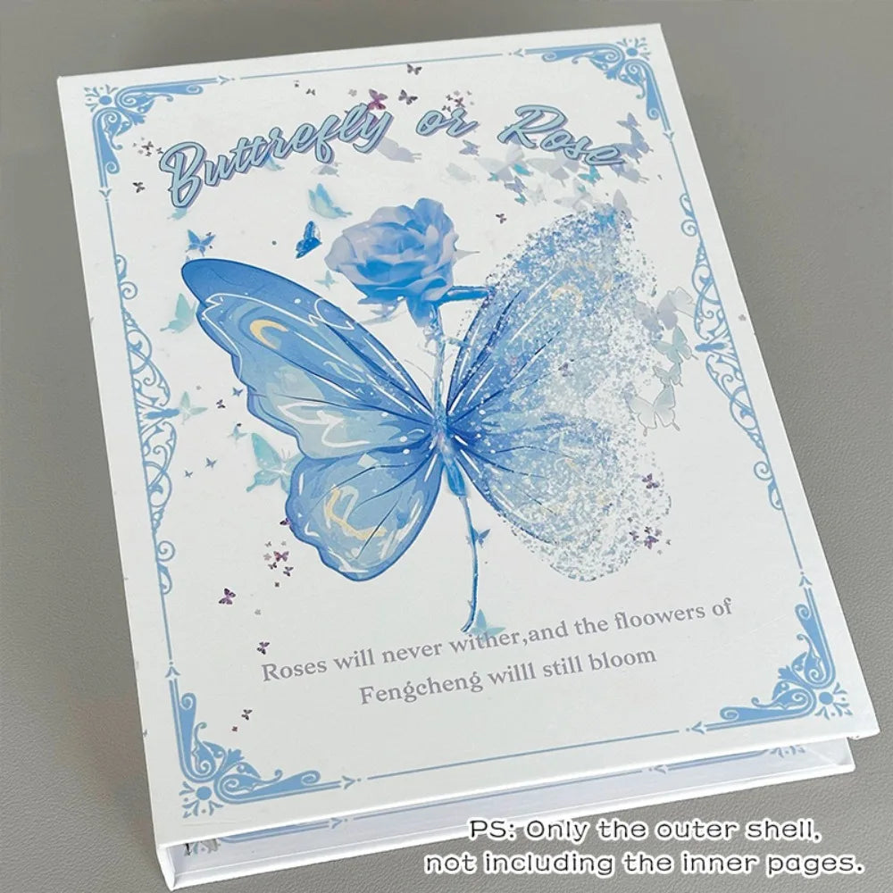 A light blue and white photo album cover featuring a butterfly design with the text Butterfly or Rose
