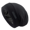 A black adjustable silk-lined night cap is shown against a dark background.