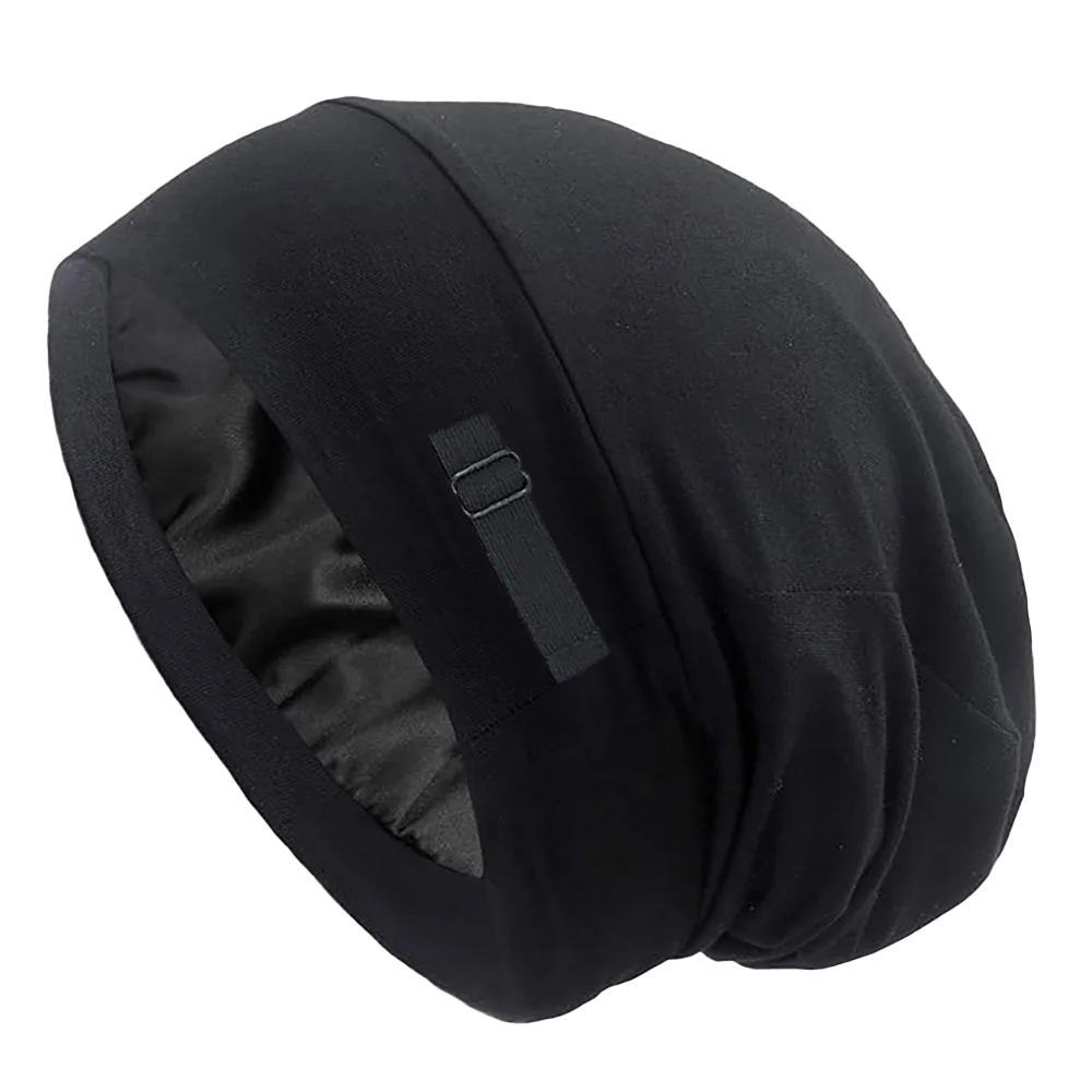 A black adjustable silk-lined night cap is shown against a dark background.