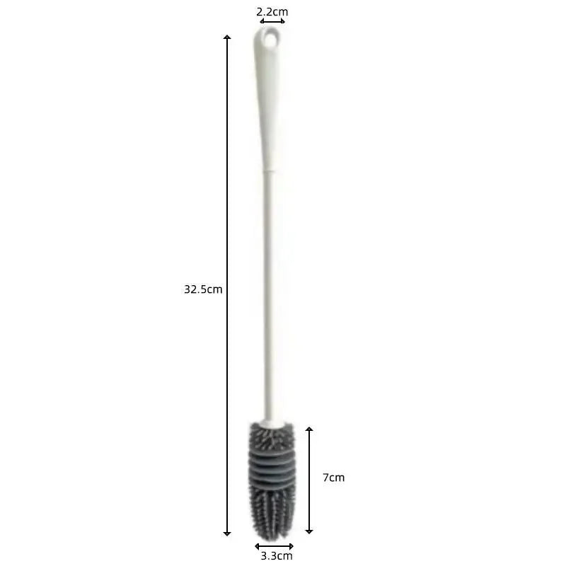 A silicone bottle brush with a long handle and a bristled cleaning head.