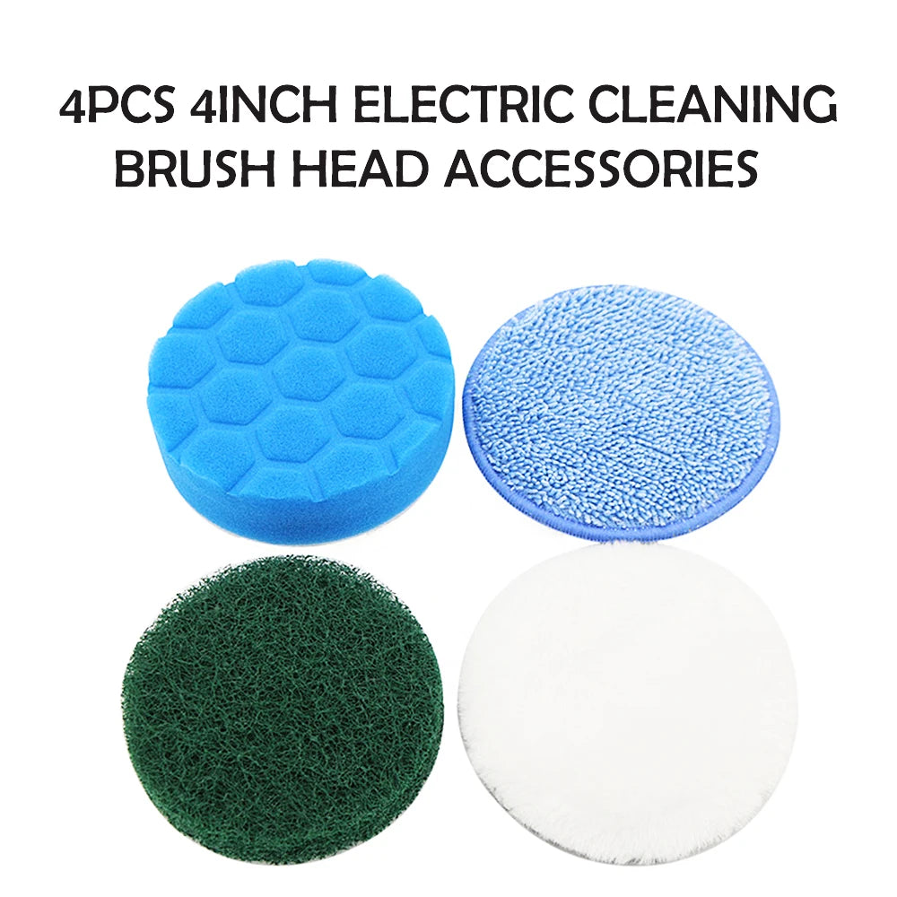 Four pieces of electric cleaning brush head accessories including a blue sponge, a blue scouring pad, a green brush head, and