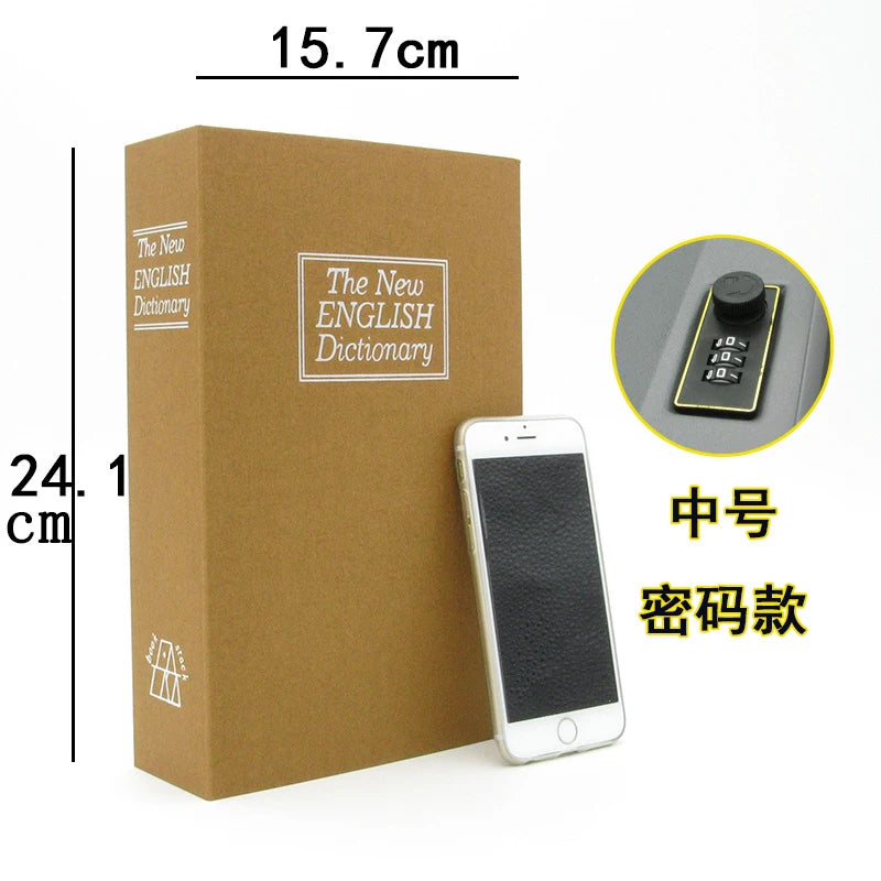 A brown storage box labeled The New ENGLISH Dictionary with a combination lock and a smartphone.