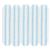 Pack of six white microfiber flat mop head refills with light blue stripes