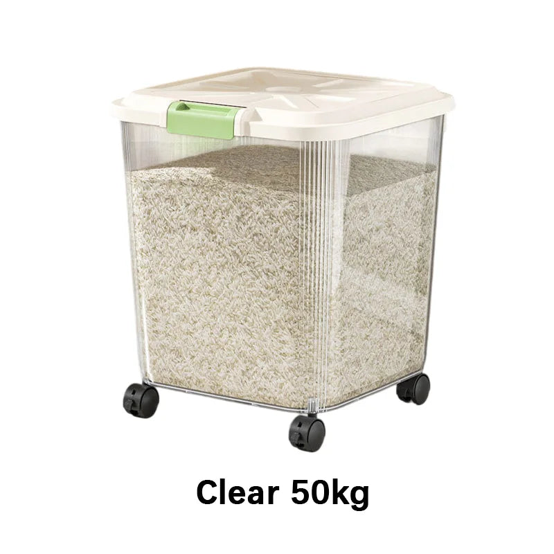 Clear 50kg transparent airtight rice dispenser with a light green lid and wheels.
