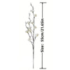 A vertical arrangement of white artificial plum blossoms on a dark stem.