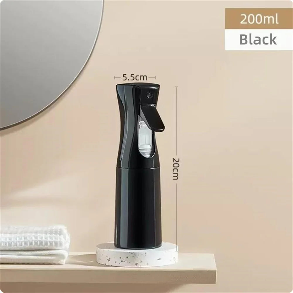A black multi-functional handheld spray bottle is displayed on a shelf next to a mirror.