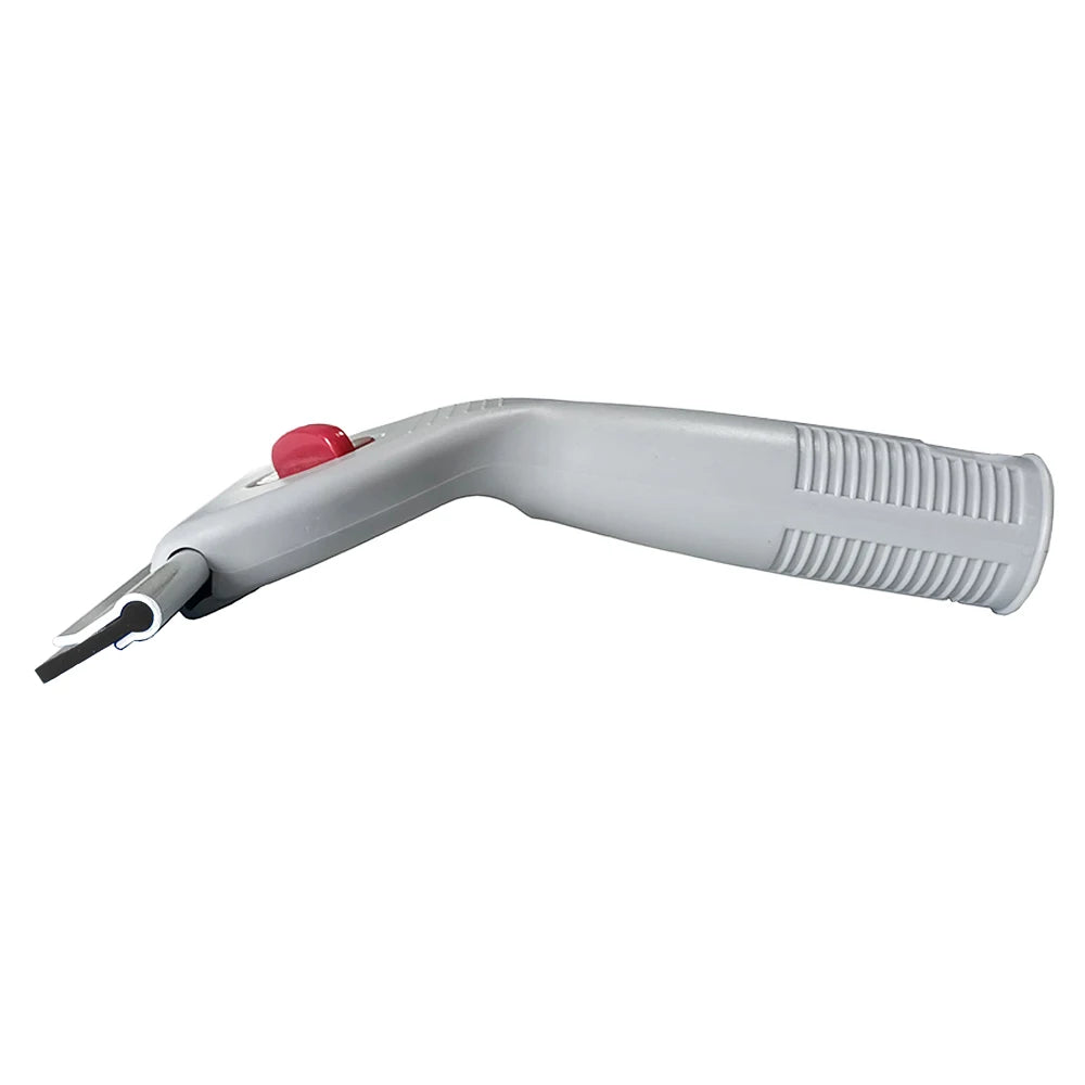 A gray squeegee tool with a red handle used for cleaning glass.