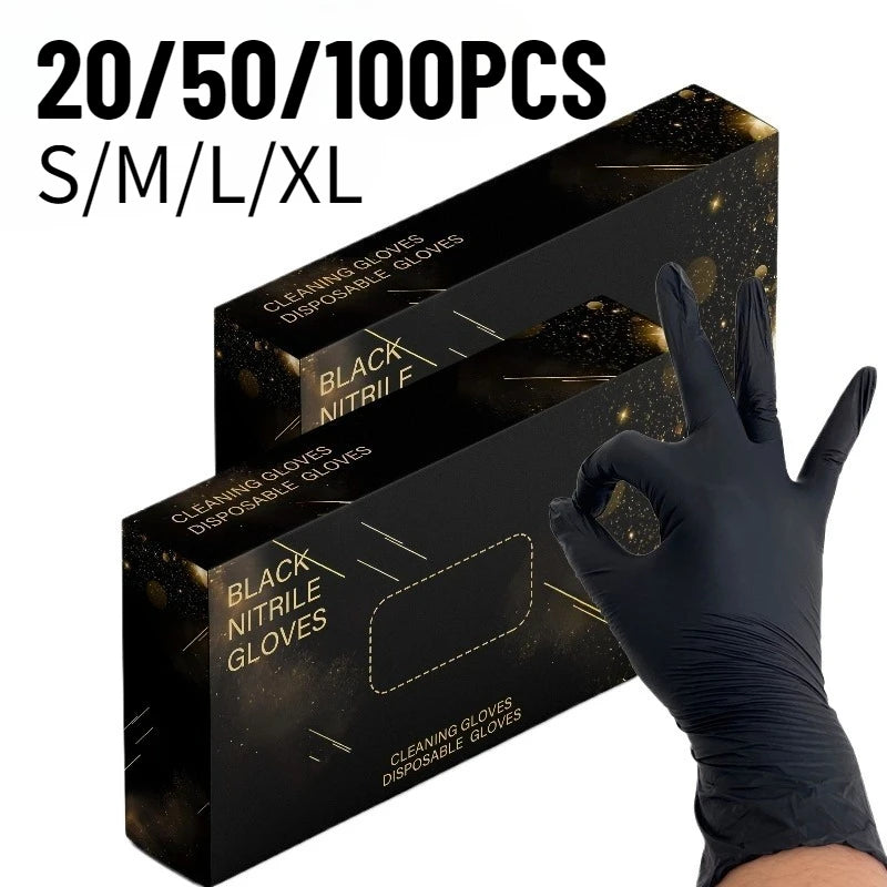 Box of 100 disposable black nitrile cleaning gloves in various sizes S/M/L/XL