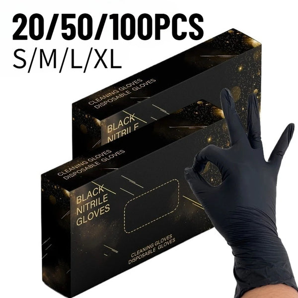 Box of 100 disposable black nitrile cleaning gloves in various sizes S/M/L/XL