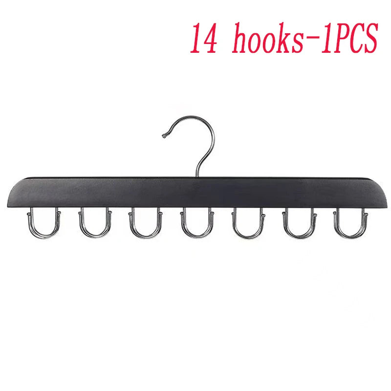 Black wooden belt and accessory organizer hanger with 14 hooks