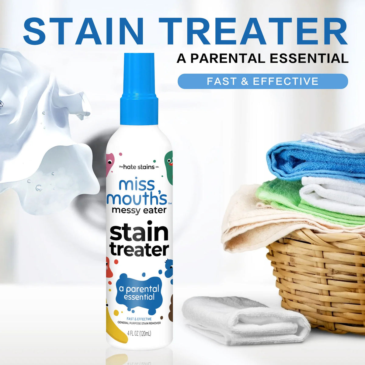 A bottle of stain treater spray labeled Miss Mouth's Stain Treater a parental essential next to a stack of white and green to