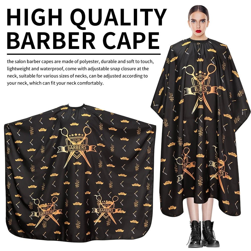 Black high quality barber cape shown flat and worn by a model