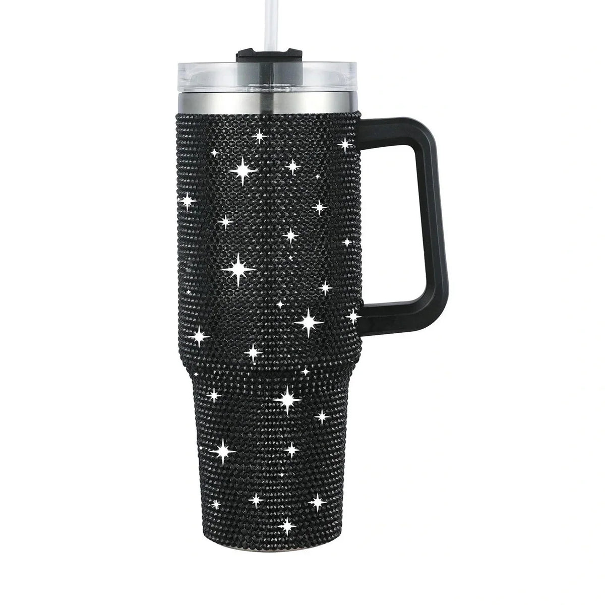 Vaso aislado de acero inoxidable negro cubierto de pedrería plateada brillante.