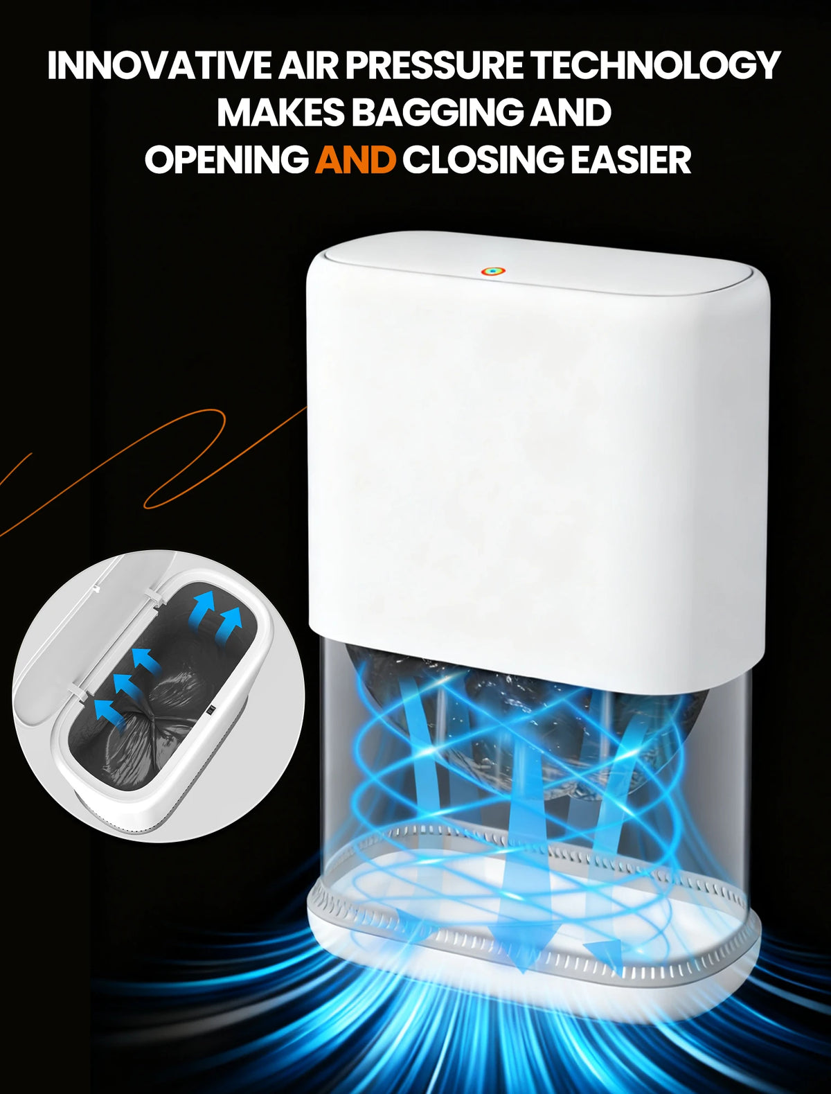 A white, slim hands-free trash can with a clear lid is shown, demonstrating innovative air pressure technology for easy baggi
