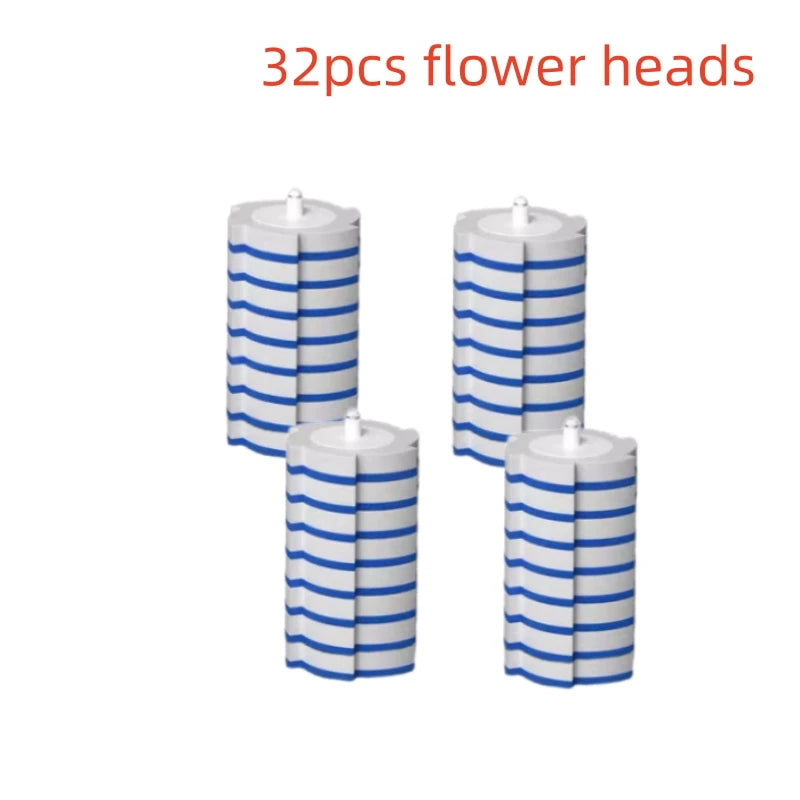 A set of 32 flower heads, cylindrical cleaning brushes with blue and white stripes.