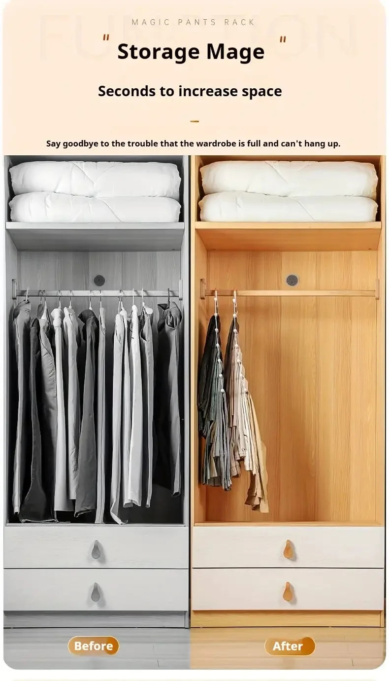 Before and after comparison of a storage mage pants rack showing how to increase space in a wardrobe.