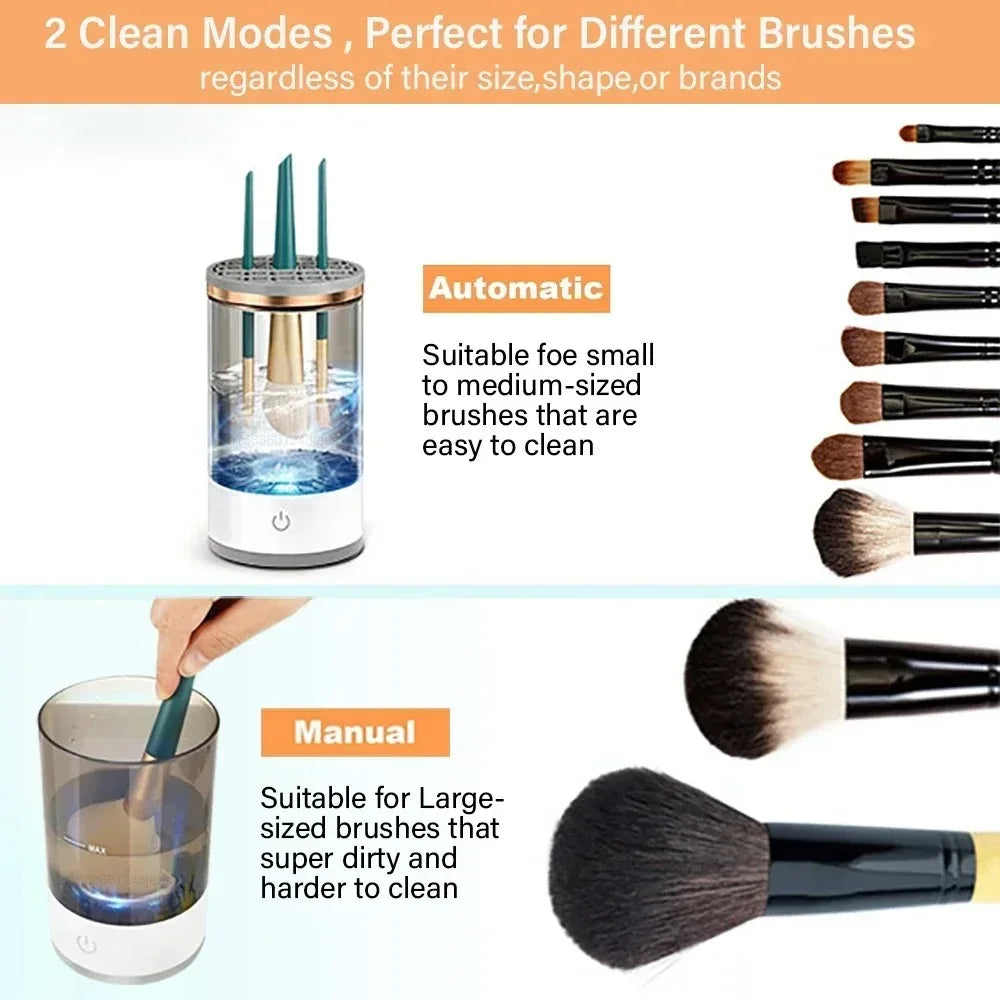 Automatic electric brush cleaner device with multiple modes for cleaning various makeup brushes.