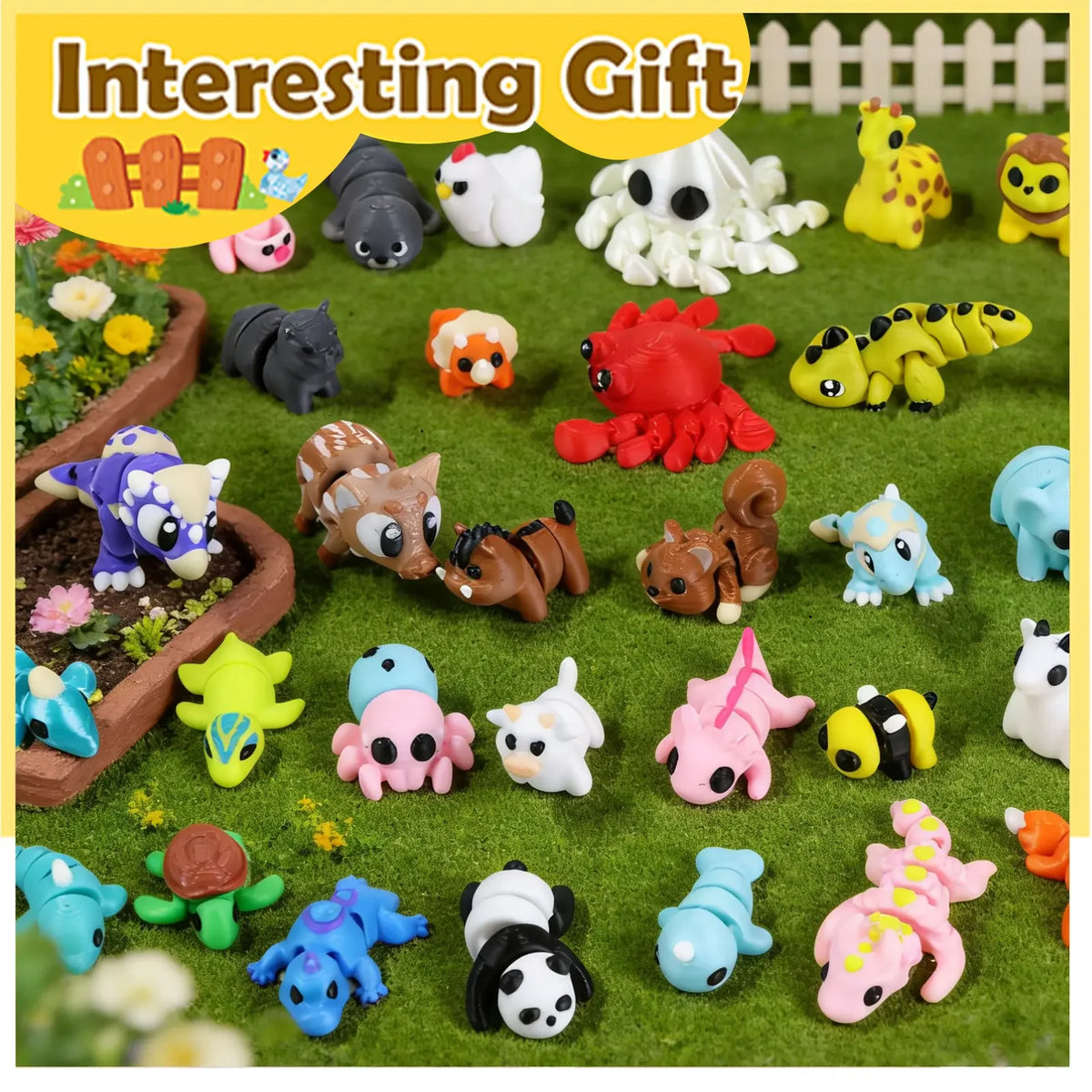 A collection of 50 mini 3D printed animal figurine toys in various colors and shapes arranged on green moss.