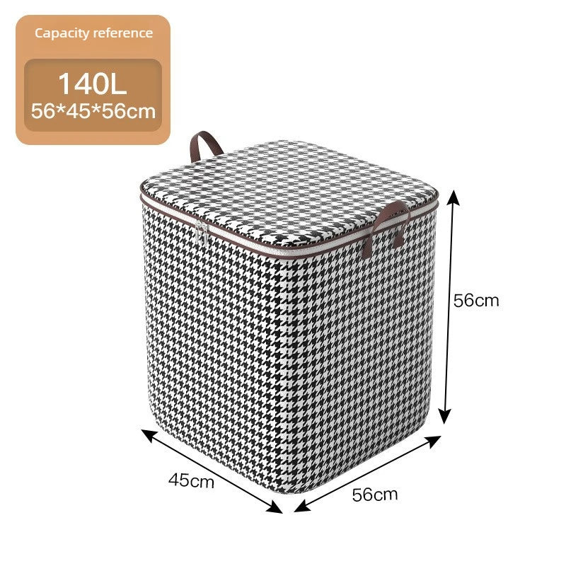 A rectangular storage box covered in a black and white houndstooth pattern, with dimensions 56cm x 45cm x 56cm.