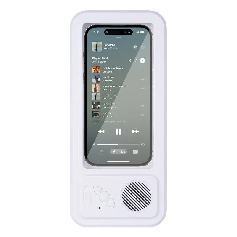 Weißer Telefonhalter mit Bildschirm für Musiksteuerung und rotierender Basis für die Dusche.