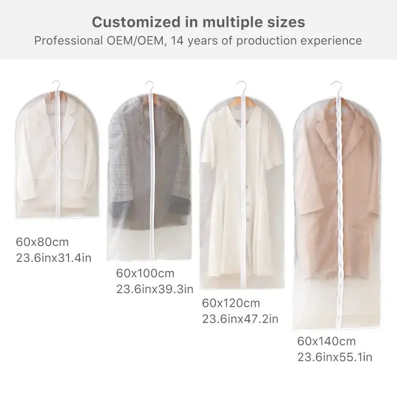 Four professional OEM washable clothes hanging dust covers in various sizes and colors