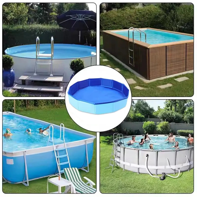 A portable folding foot bath basin is shown being used for pool cleaning, with a large version also visible.