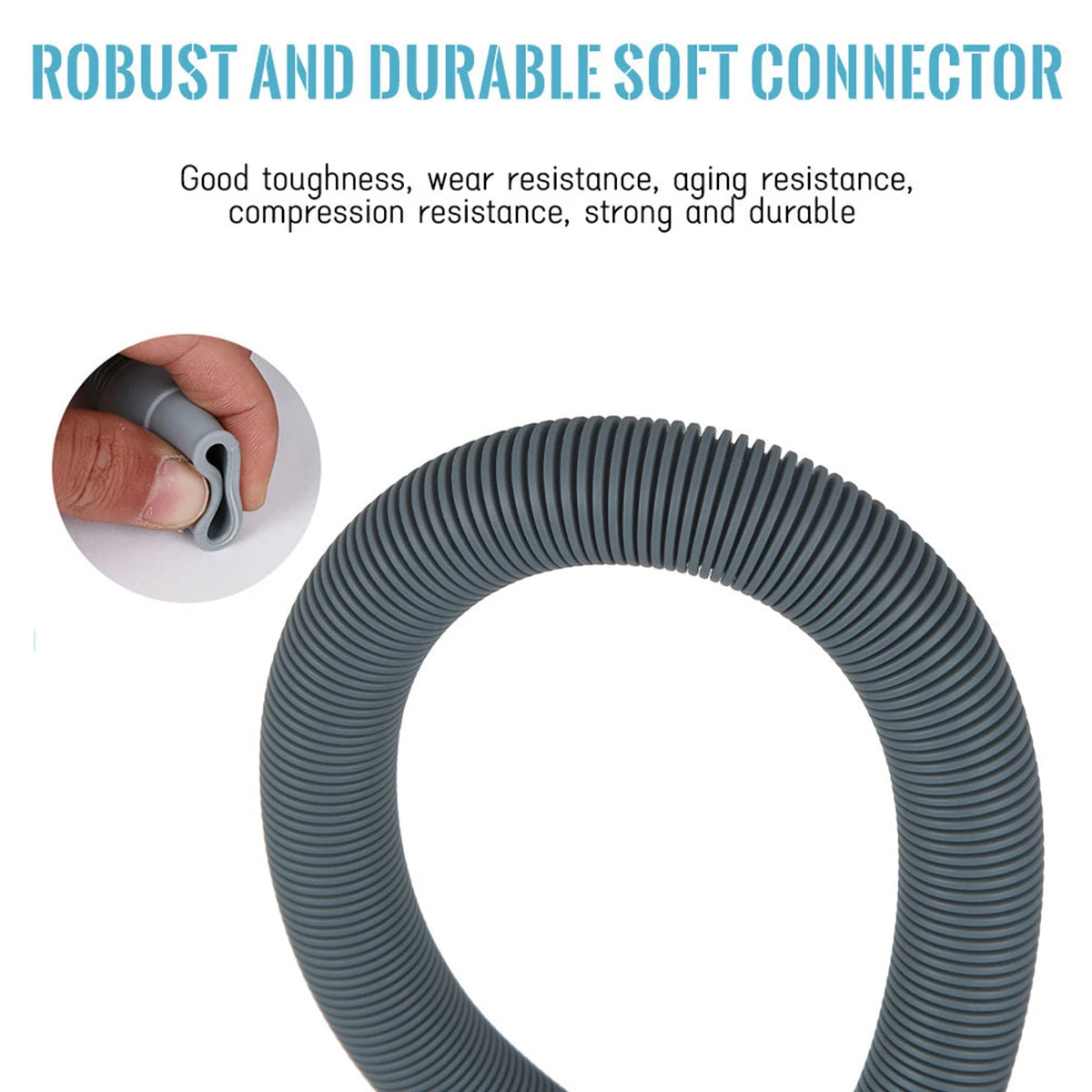 A close-up view of a gray, corrugated soft connector hose used for washing machine drain extensions.