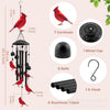 A hanging wind chime decoration featuring red birds, metal cups, bells, and hooks.