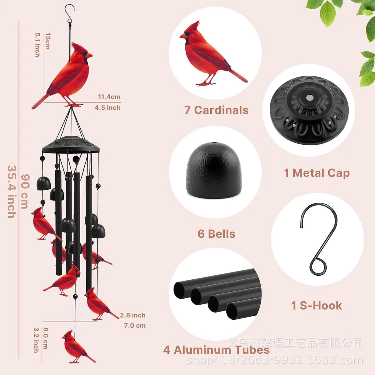 A hanging wind chime decoration featuring red birds, metal cups, bells, and hooks.