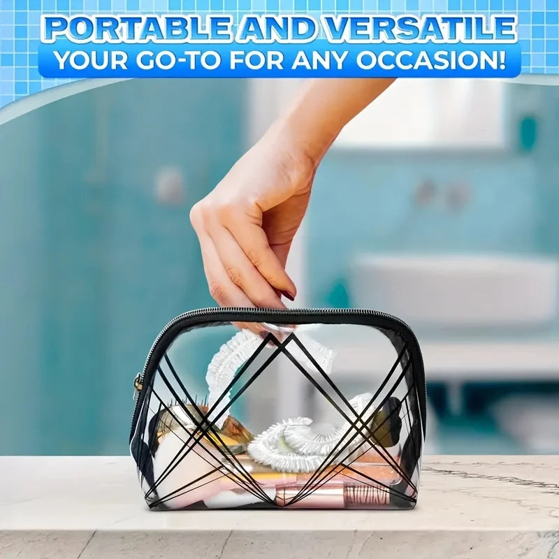 A hand is holding a black mesh shower cap over a collection of toiletries on a white surface.