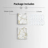 A package of a marble design shower curtain, 12 hooks, and accessories.