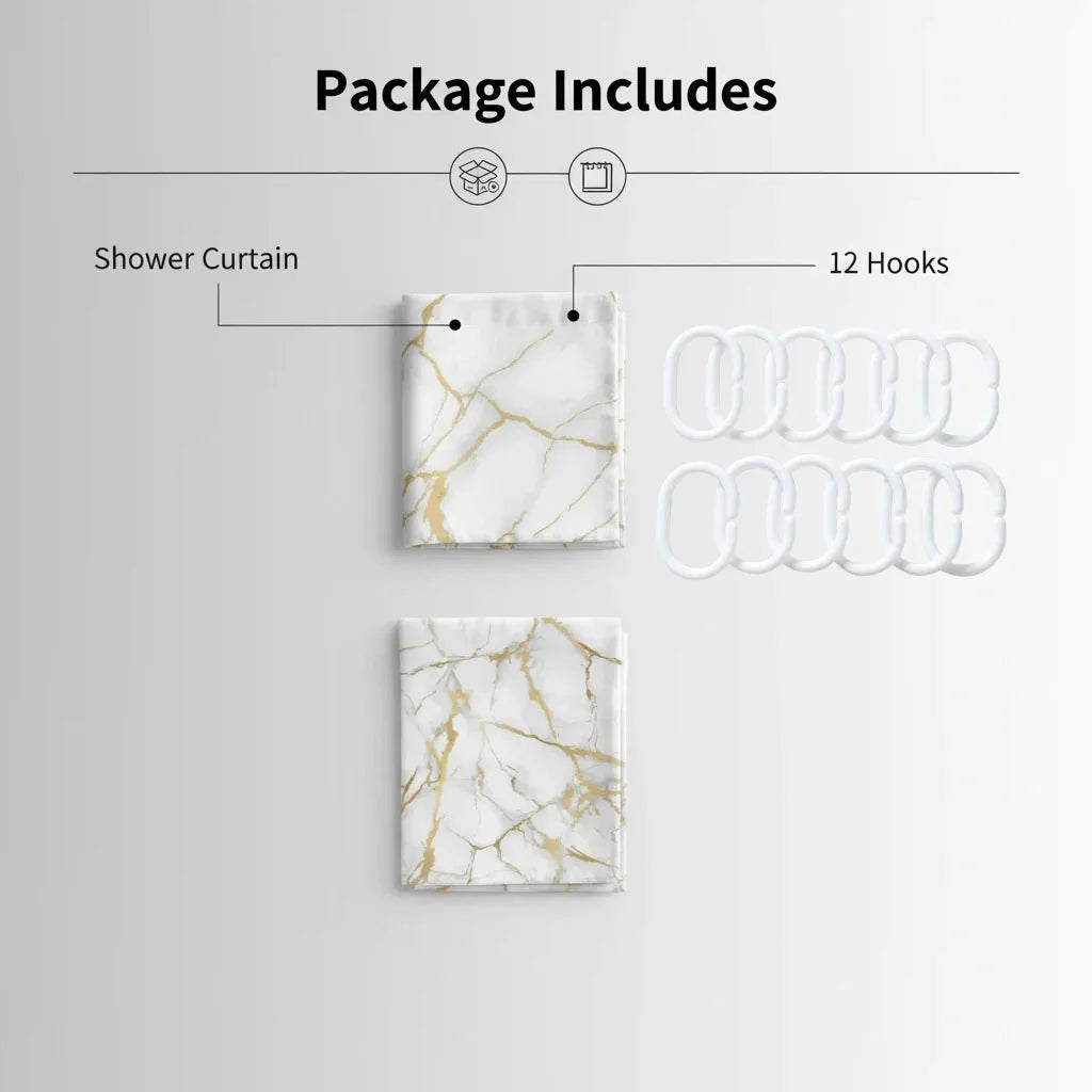A package of a marble design shower curtain, 12 hooks, and accessories.