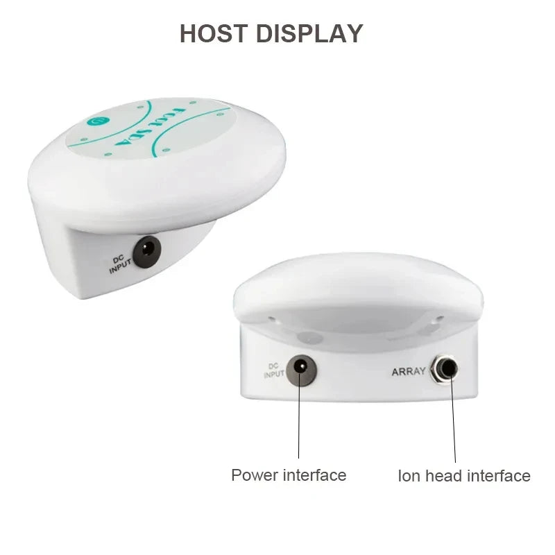 A white host display unit with DC input and an array ion head interface for an ionic foot spa bath massager.