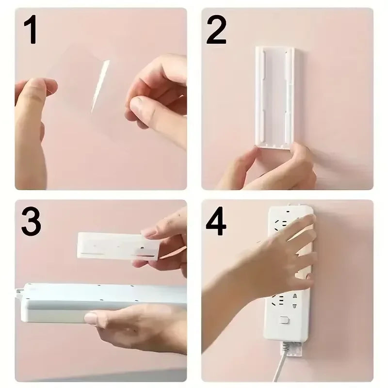 Four steps showing how to use self-adhesive desktop cable organizer holders for managing wires.