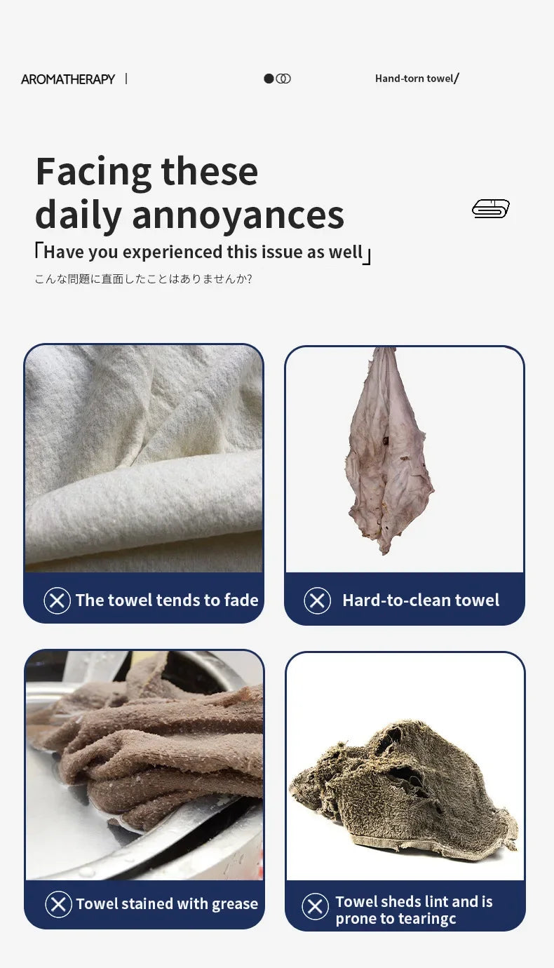A collection of cleaning towels and wipes demonstrating issues like fading, staining, and tearing.