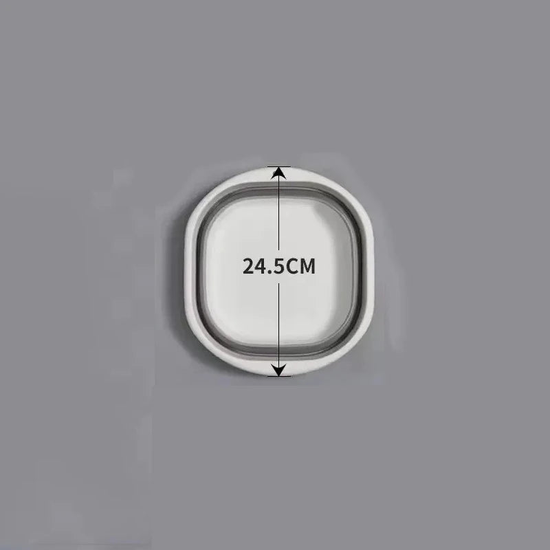 A white foldable plastic wash basin with a dimension of 24.5cm.