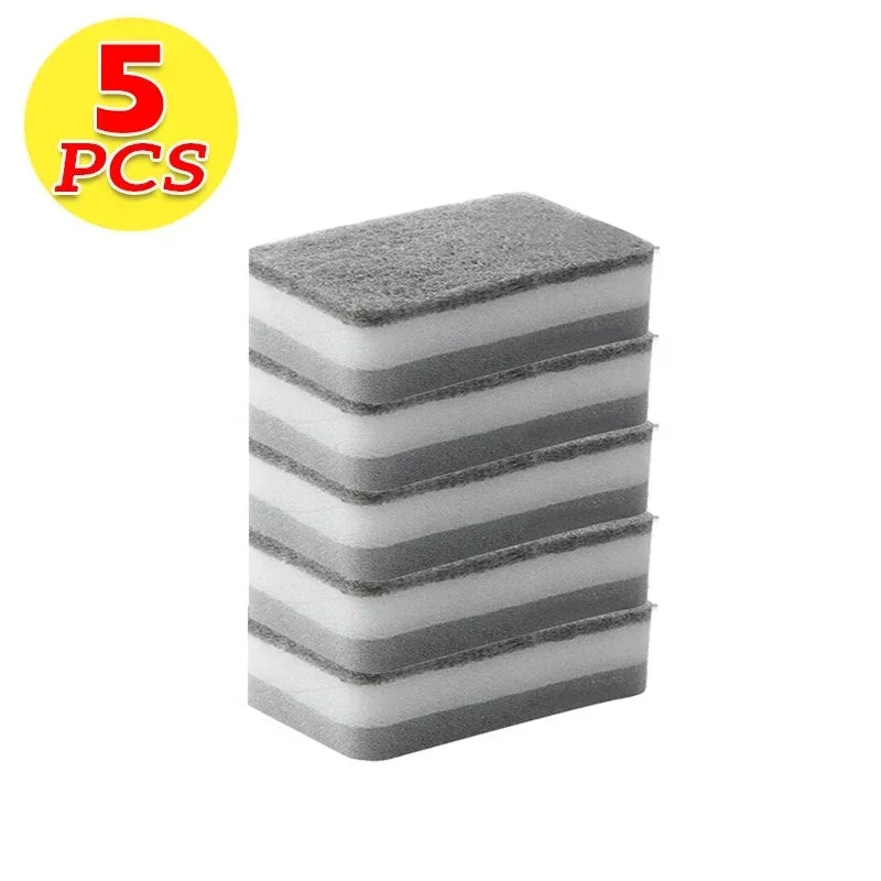 Five gray and white reusable double-sided kitchen cleaning sponges stacked in a rectangular block.