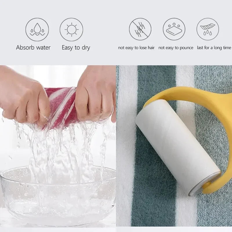 Ein gerolltes Mikrofasertuch wird verwendet, um Wasser aufzusaugen; Funktionen betonen Wasseraufnahme und einfache Trocknung