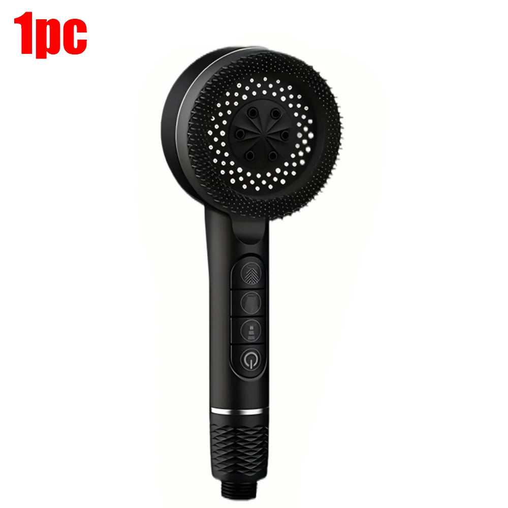 Black high pressure shower head with a perforated nozzle and control buttons