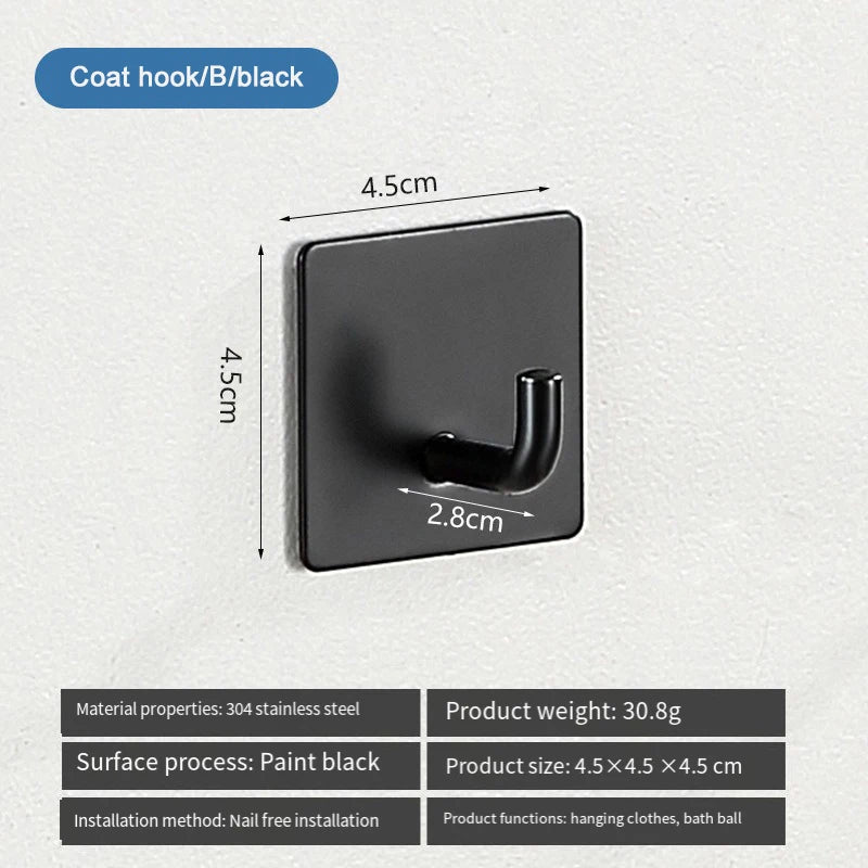A black coat hook with a curved hook is shown mounted on a wall, featuring stainless steel material.