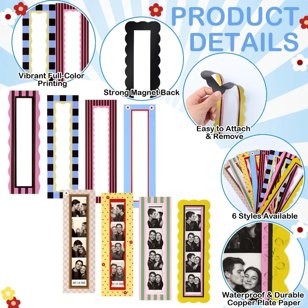 A set of magnetic photo frames featuring various designs and colors, made from durable copper plate paper.