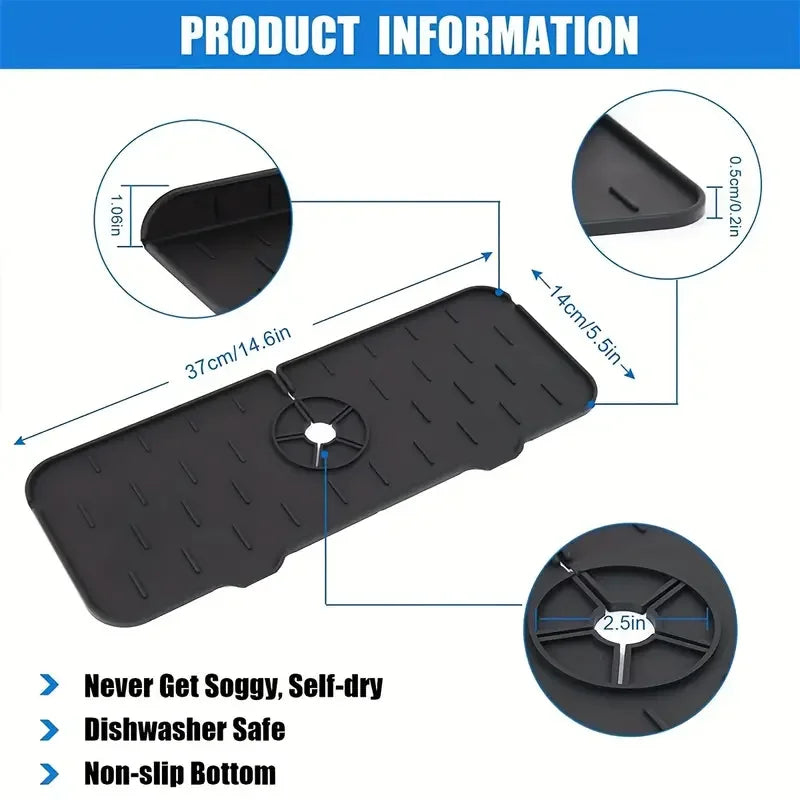 Black silicone faucet splash guard mat with non-slip bottom and dishwasher safe features