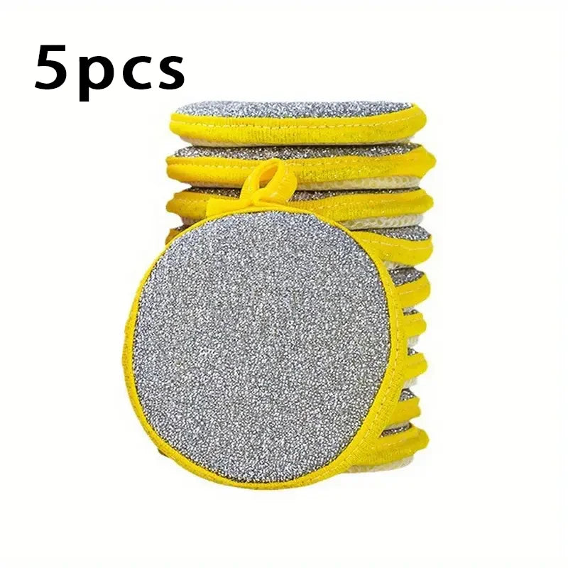 A set of five yellow and gray reusable double-sided dishwashing sponges stacked together.