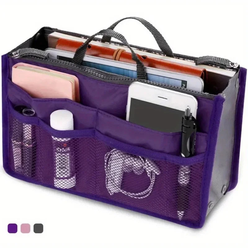 A purple foldable cosmetic organizer pouch containing various makeup and personal items.