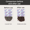 Comparison of food-grade oxygen absorbers before and after use, showing powder form versus hardened craked material.